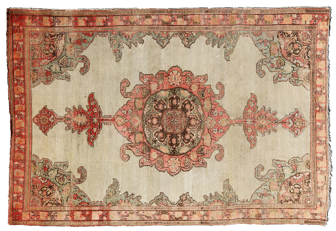 Antique Persian Malayer rug 4x6 featuring a central medallion on an open beige field with brown geometric floral pattern