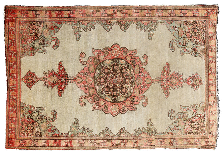 Antique Persian Malayer rug 4x6 featuring a central medallion on an open beige field with brown geometric floral pattern
