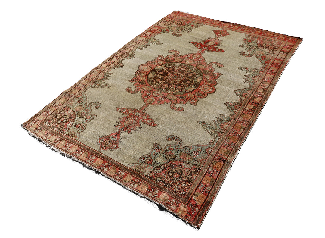 Antique Persian Malayer rug 4x6 featuring a central medallion on an open beige field with brown geometric floral pattern