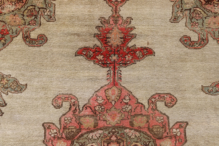 Antique Persian Malayer rug 4x6 featuring a central medallion on an open beige field with brown geometric floral pattern