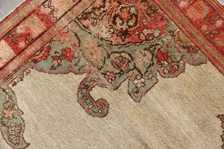 Antique Persian Malayer rug 4x6 featuring a central medallion on an open beige field with brown geometric floral pattern