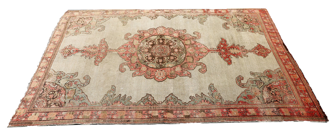 Antique Persian Malayer rug 4x6 featuring a central medallion on an open beige field with brown geometric floral pattern