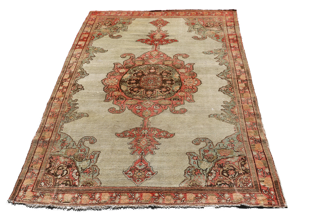 Antique Persian Malayer rug 4x6 featuring a central medallion on an open beige field with brown geometric floral pattern