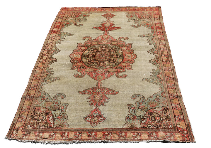 Antique Persian Malayer rug 4x6 featuring a central medallion on an open beige field with brown geometric floral pattern