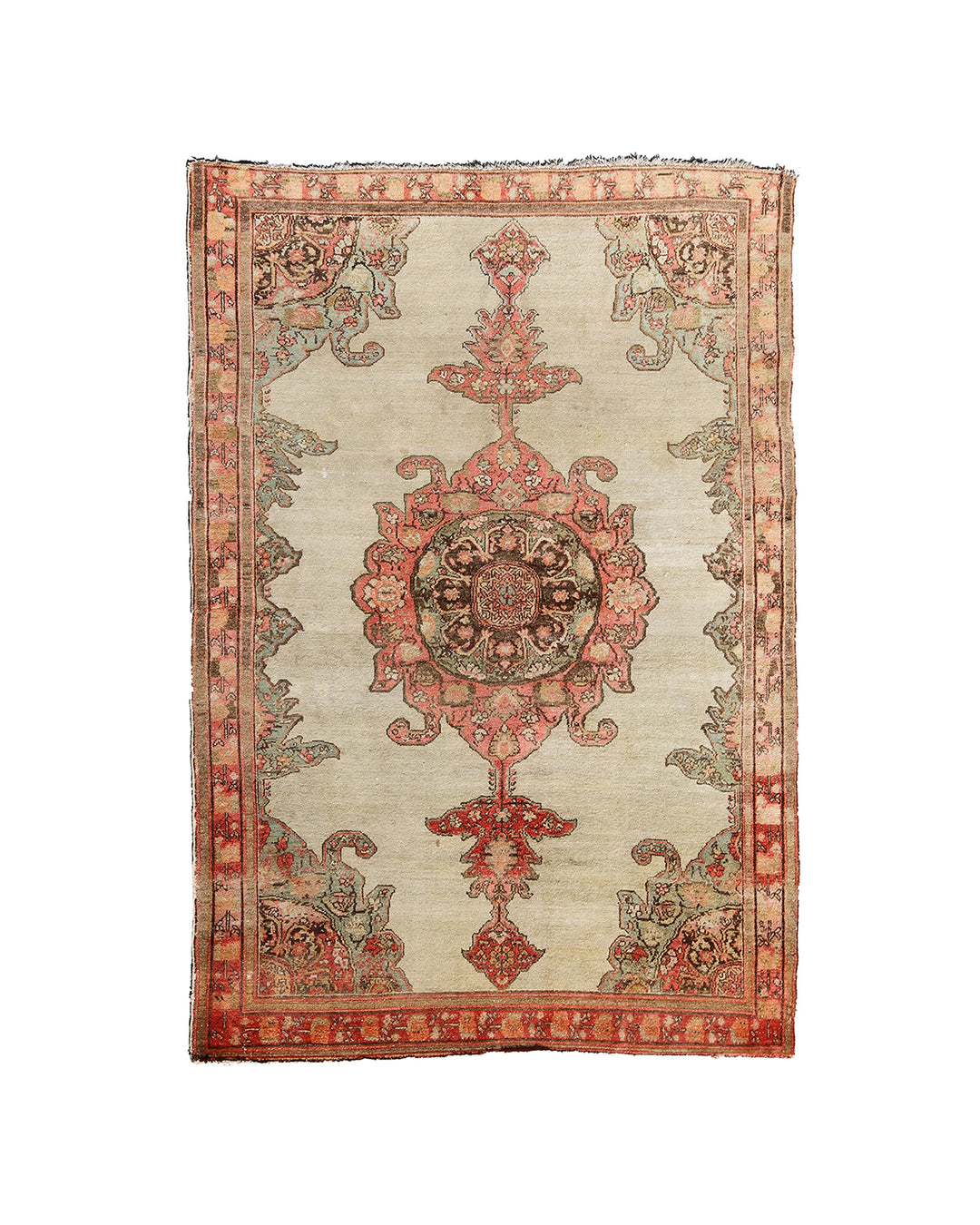 Antique Persian Malayer rug 4x6 featuring a central medallion on an open beige field with brown geometric floral pattern