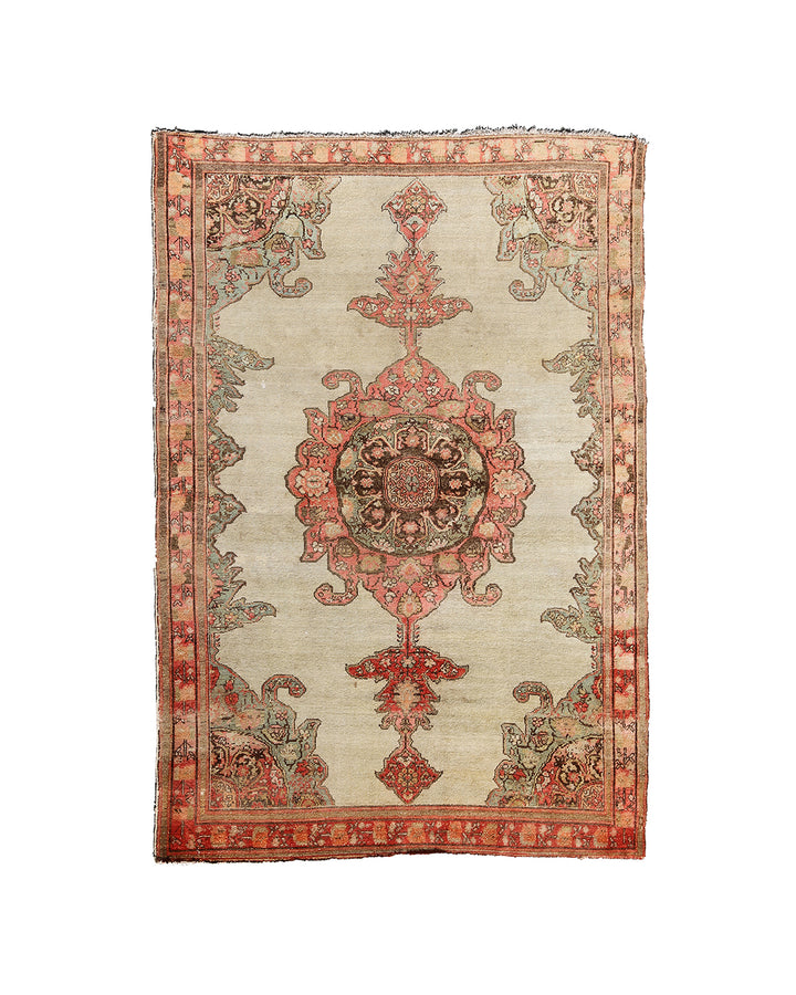 Antique Persian Malayer rug 4x6 featuring a central medallion on an open beige field with brown geometric floral pattern