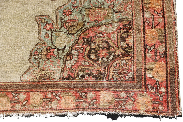 Antique Persian Malayer rug 4x6 featuring a central medallion on an open beige field with brown geometric floral pattern