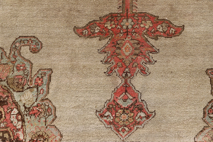 Antique Persian Malayer rug 4x6 featuring a central medallion on an open beige field with brown geometric floral pattern