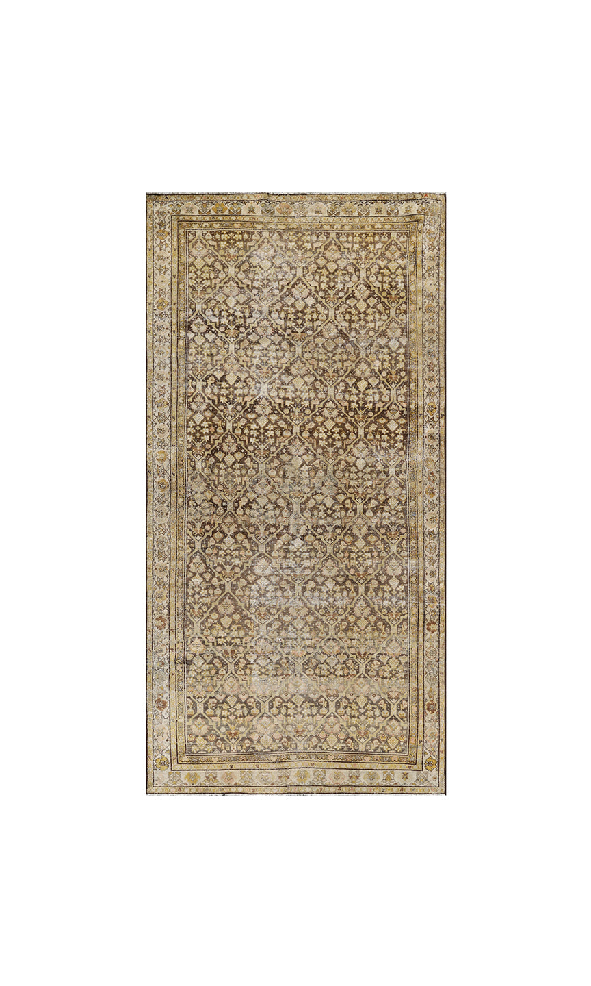 5x10 antique Persian Malayer wide runner rug featuring distressed vintage patina in soft brown and beige geometric patterns