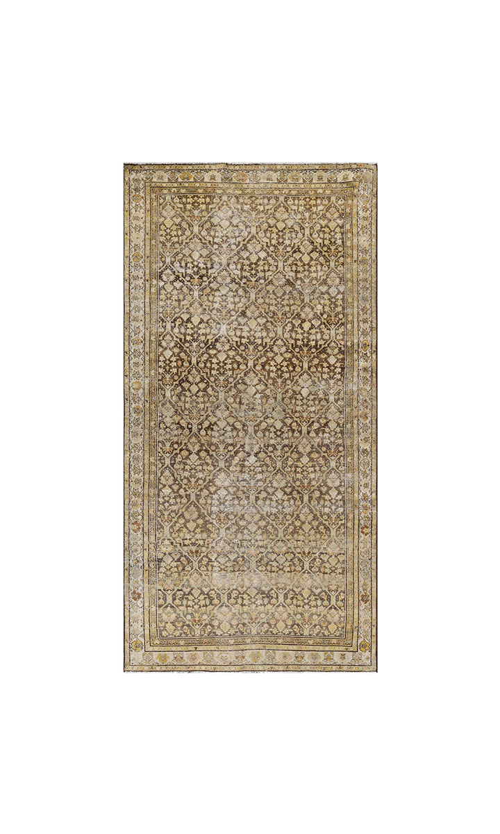5x10 antique Persian Malayer wide runner rug featuring distressed vintage patina in soft brown and beige geometric patterns