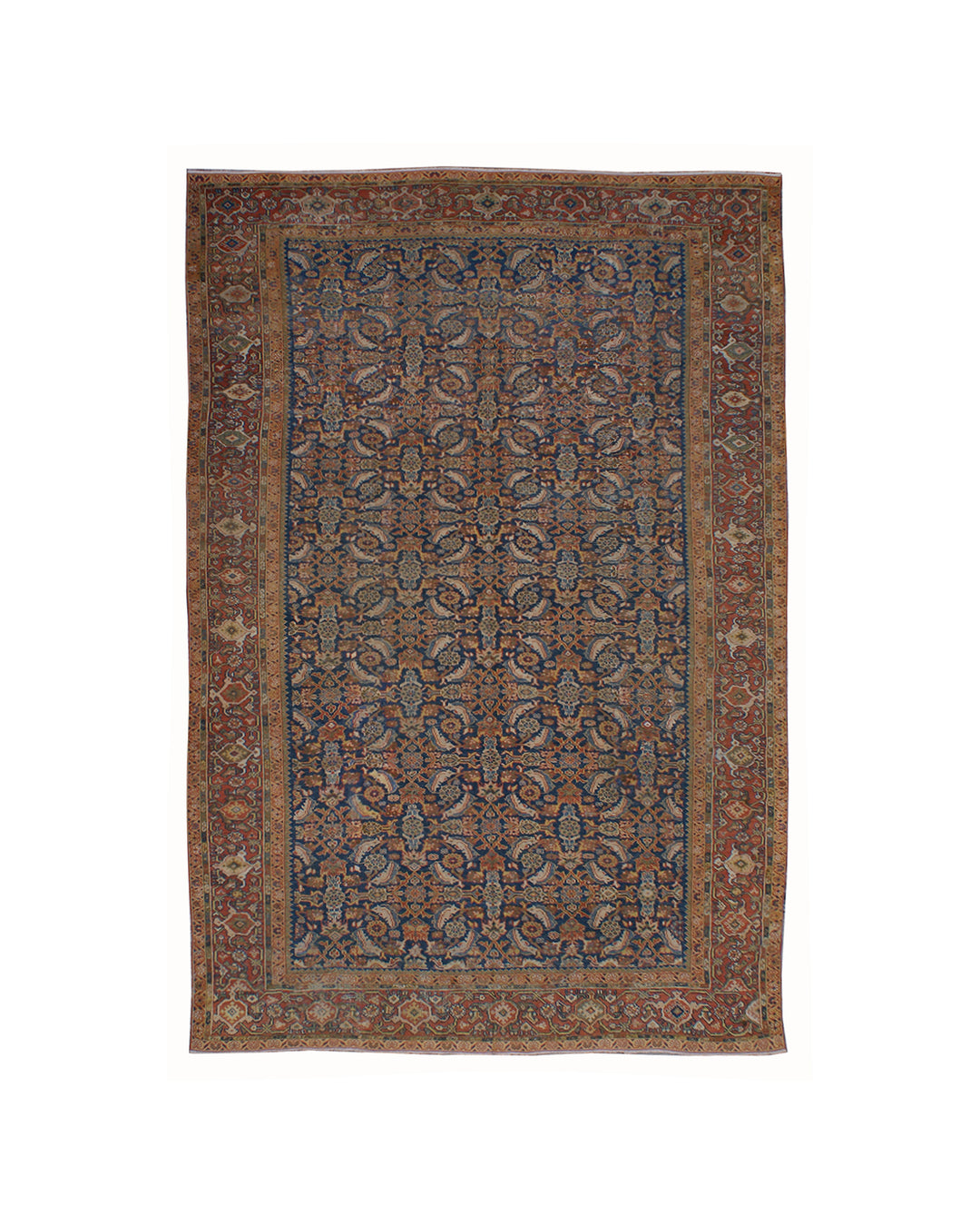 A traditional oriental area rug with an intricate floral and geometric pattern, featuring a dark blue center field, rust-brown borders, and beige accents, shown flat against a white background.
