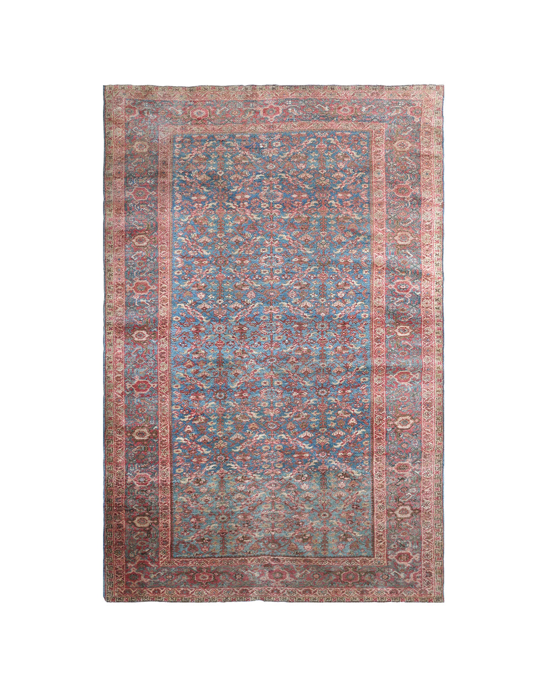 Antique Persian Ziegler Mahal rug 4x6 featuring a soft blue background with Herati pattern, gold accents, and turtle border