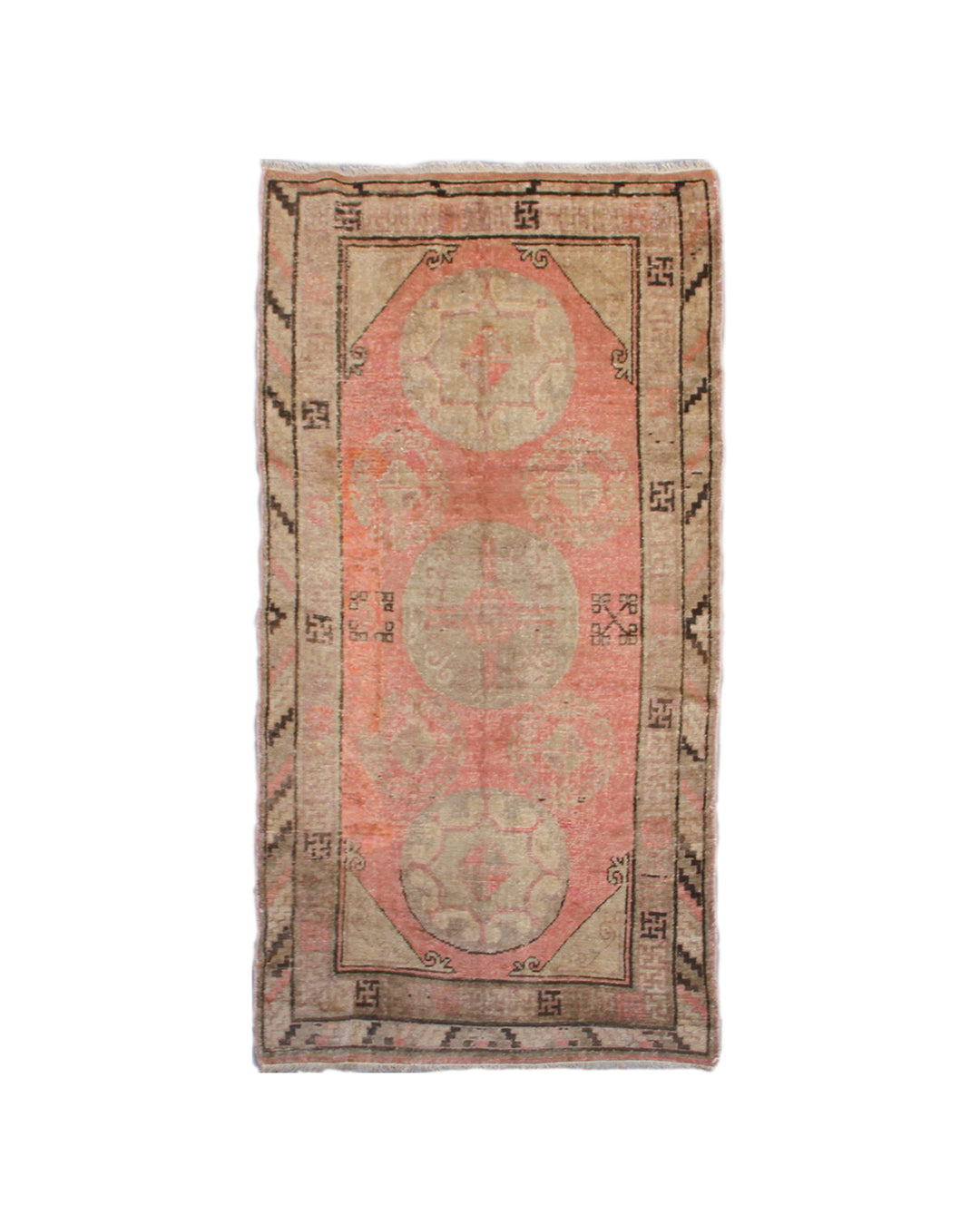 Rare 4x8 antique Samarkand hand-knotted wool area rug featuring three central motifs on a gentle pink and beige field by Ariana Rugs.