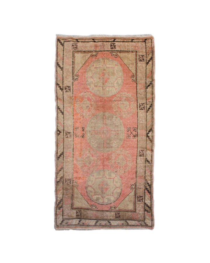 Rare 4x8 antique Samarkand hand-knotted wool area rug featuring three central motifs on a gentle pink and beige field by Ariana Rugs.