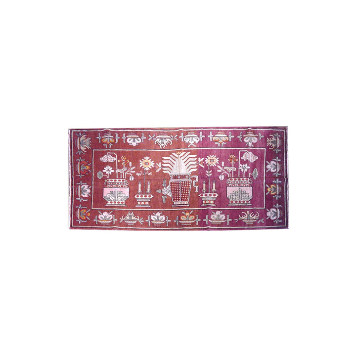 Rare 5x9 antique Yarkand Samarkand hand-knotted wool rug featuring a vase design on a reddish-purple abrash field by Ariana Rugs.