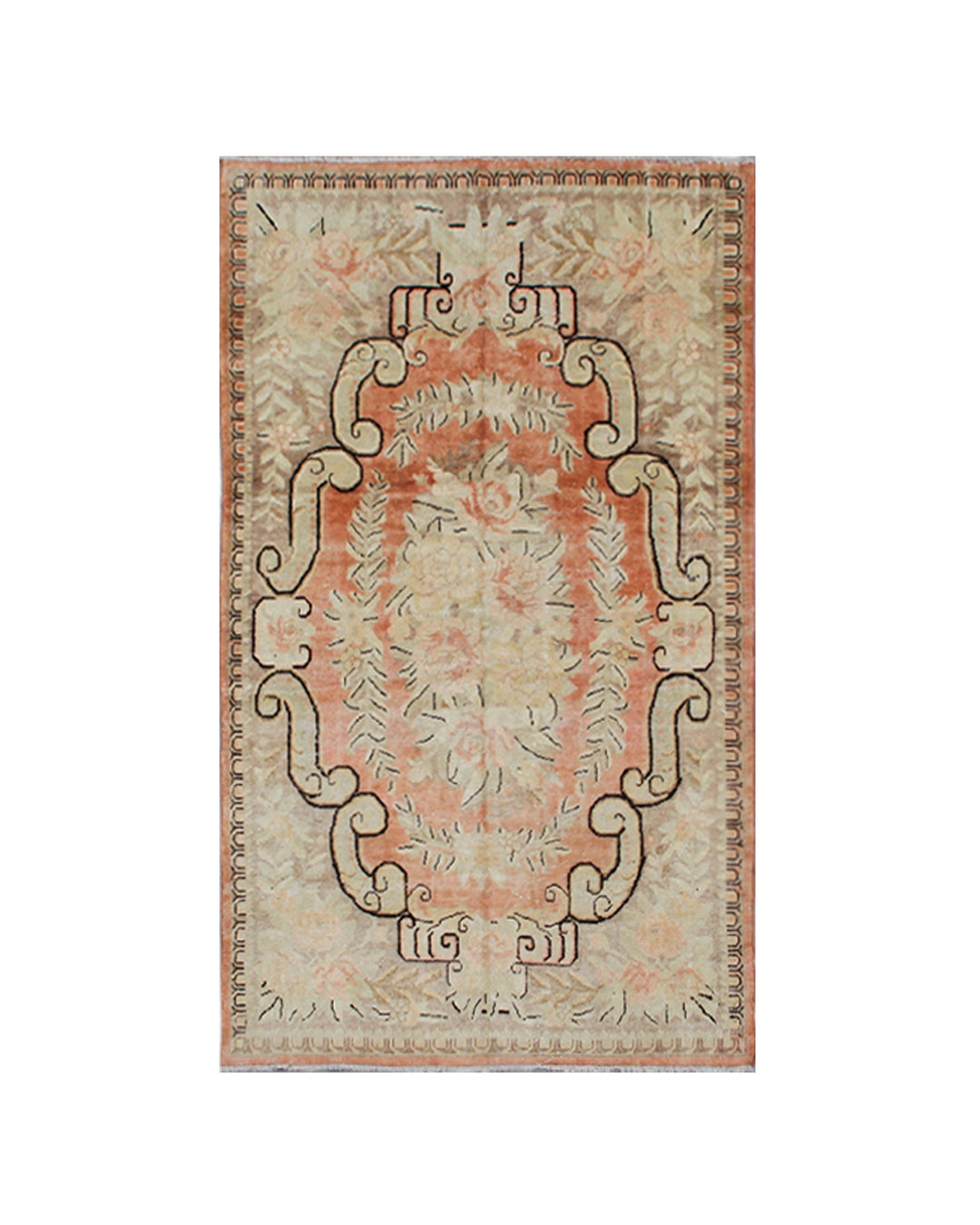 Antique Samarkand Yarkand hand-knotted wool rug measuring 9'1" x 5'5" featuring a French floral design in orange, pink, ivory, brown, and green tones.