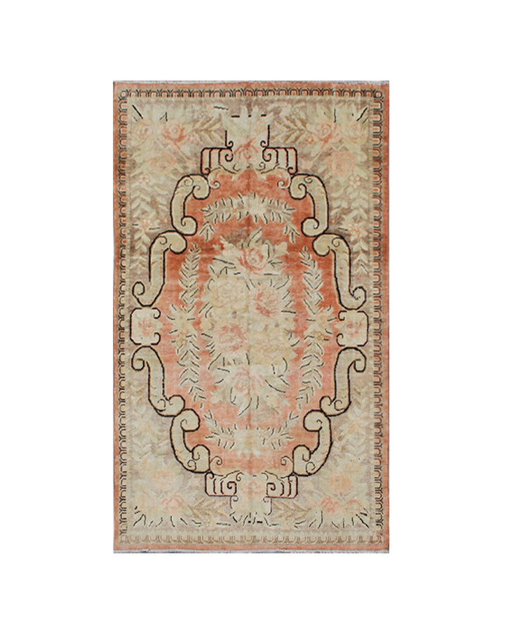 Antique Samarkand Yarkand hand-knotted wool rug measuring 9'1" x 5'5" featuring a French floral design in orange, pink, ivory, brown, and green tones.