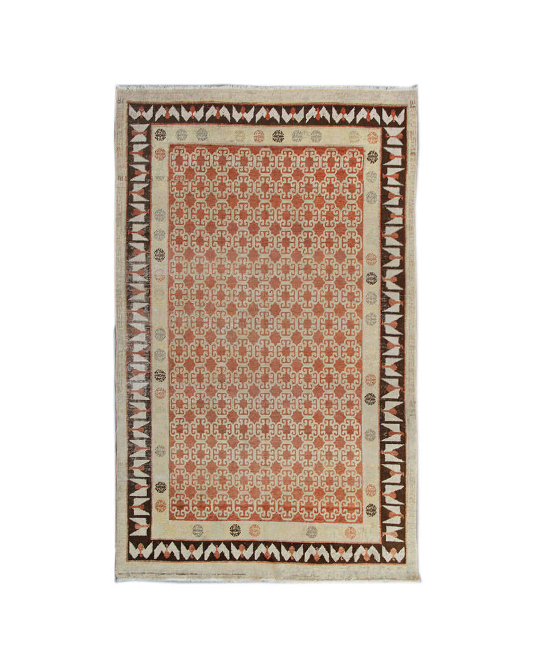 Antique Samarkand hand-knotted wool rug measuring 8'9" x 5'4" featuring a bold geometric design in red, dark brown, and ivory tones.