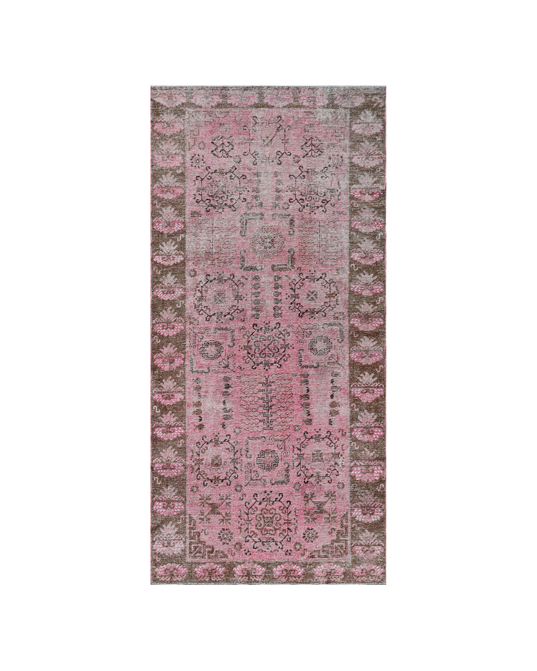 Antique Samarkand wool runner measuring 3'10" x 7'10" featuring an allover design in hot pink and brown tones.