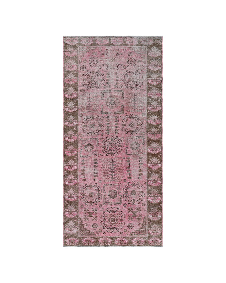 Antique Samarkand wool runner measuring 3'10" x 7'10" featuring an allover design in hot pink and brown tones.