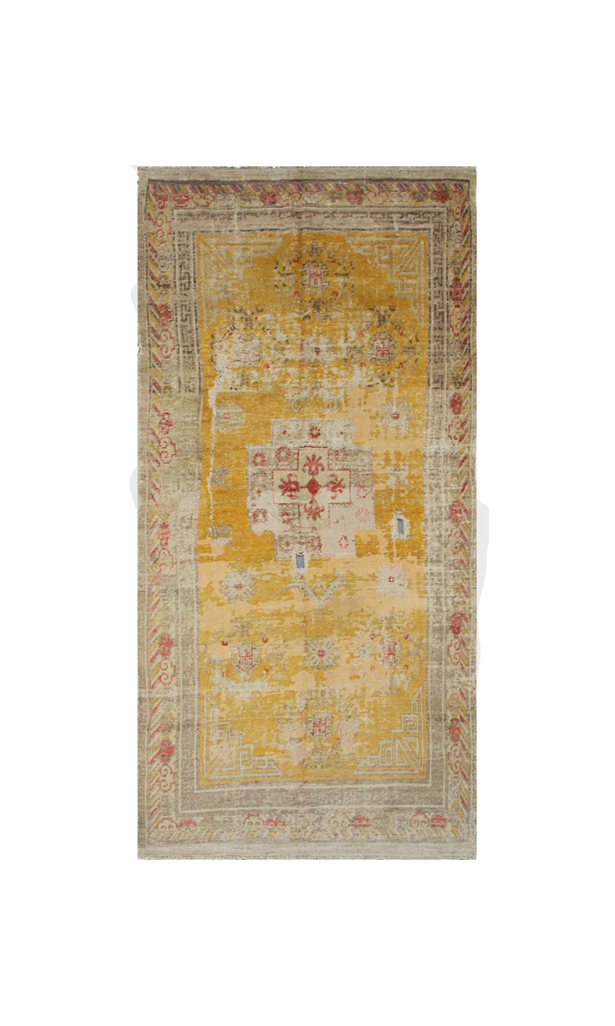 Authentic antique hand-knotted Samarkand Khotan wool area rug in rich gold and orange tones with low pile distressed character