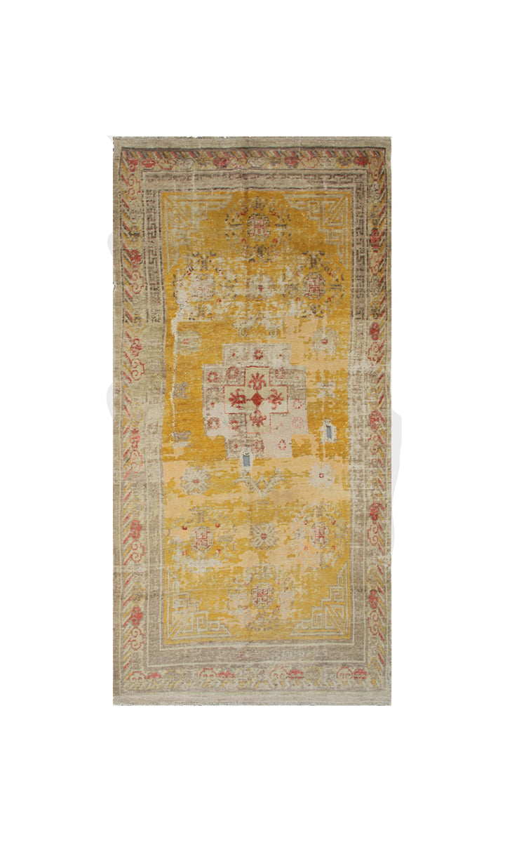 Authentic antique hand-knotted Samarkand Khotan wool area rug in rich gold and orange tones with low pile distressed character