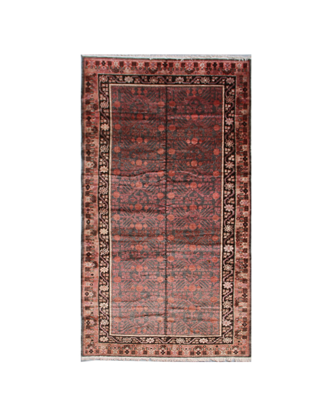 Authentic antique hand-knotted Samarkand Khotan wool area rug featuring a red pomegranate design on a muted grey field