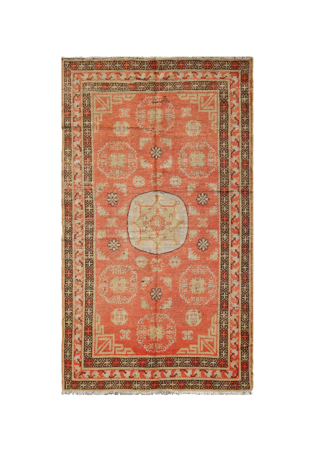 Authentic antique hand-knotted Samarkand Khotan wool area rug featuring bold black and grey geometric medallions on a vibrant orange field