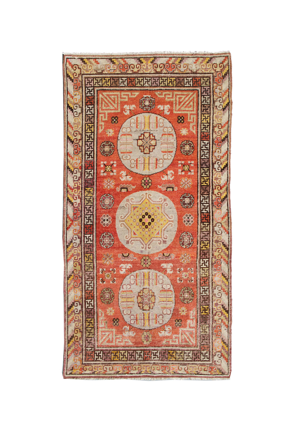 Authentic antique hand-knotted Samarkand Khotan wool area rug featuring three classic medallions in aqua and neutral tones on a rich orange-red field
