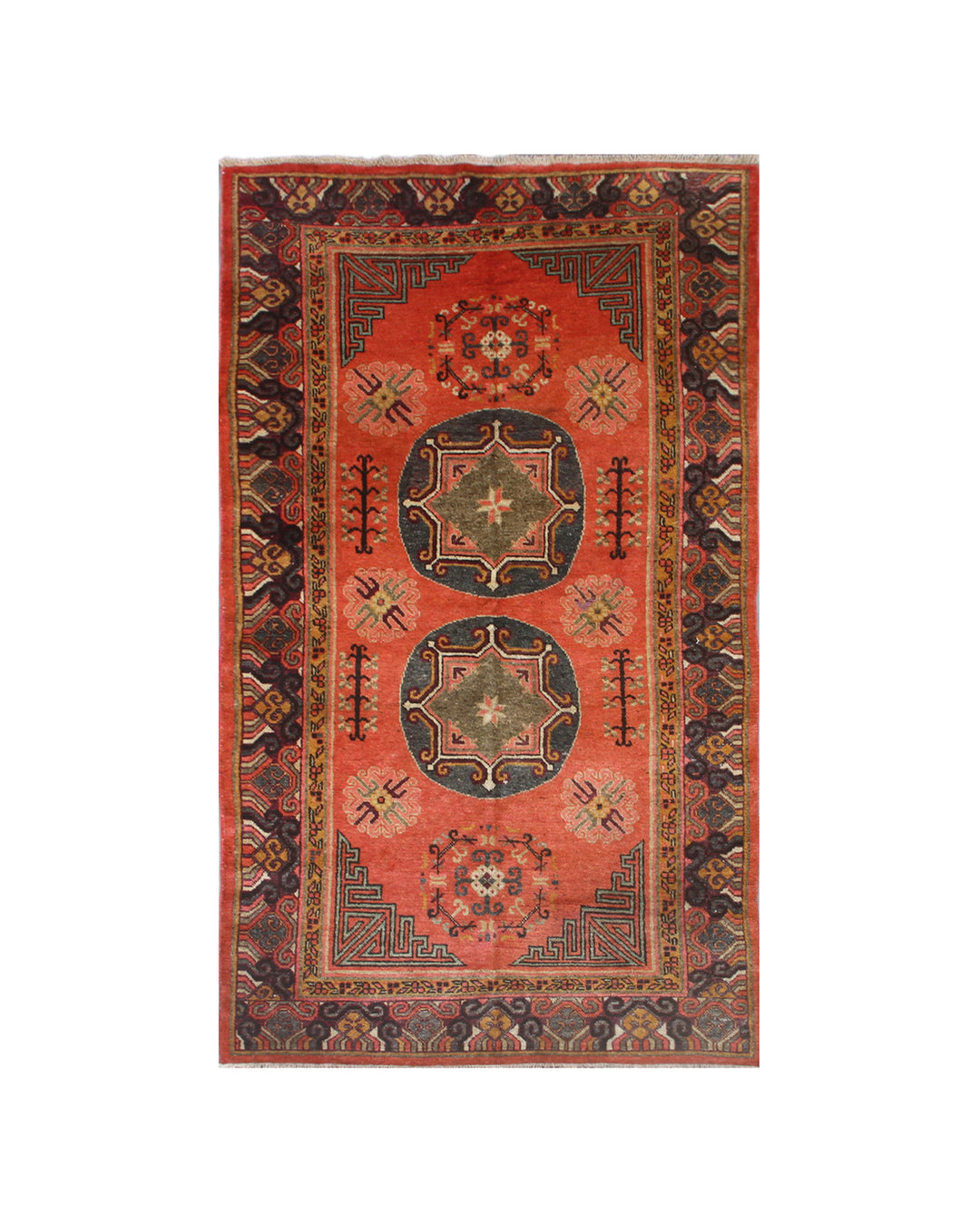 Authentic antique hand-knotted Samarkand Khotan wool area rug featuring two large grey central medallions on a deep red field with salmon brown accents
