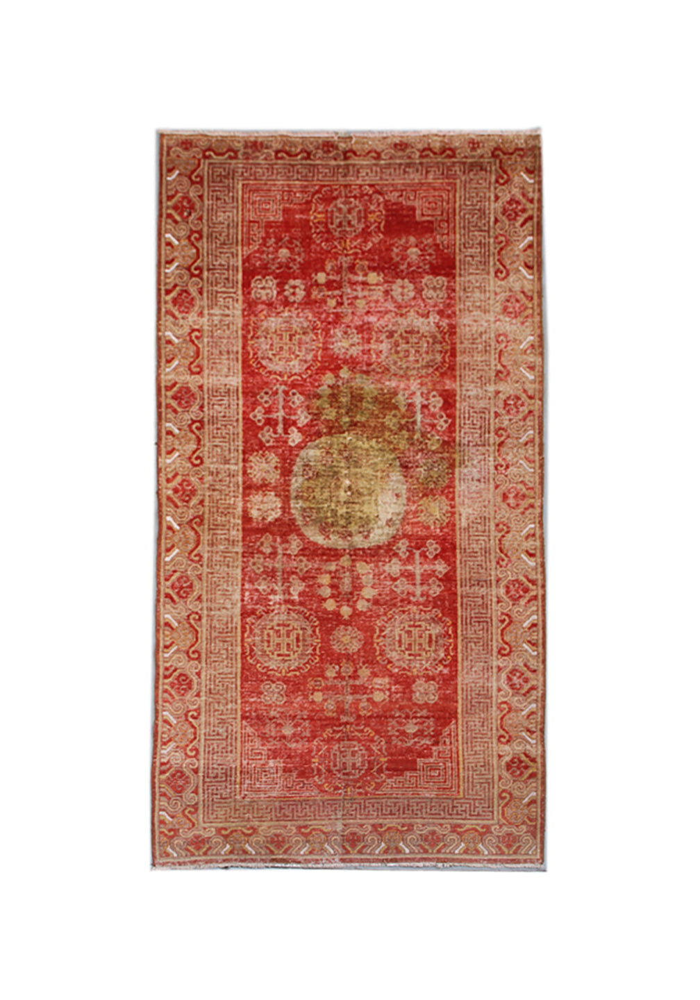 Authentic antique hand-knotted Samarkand Khotan wool area rug featuring classic medallions in grey and soft tan on a rich red field