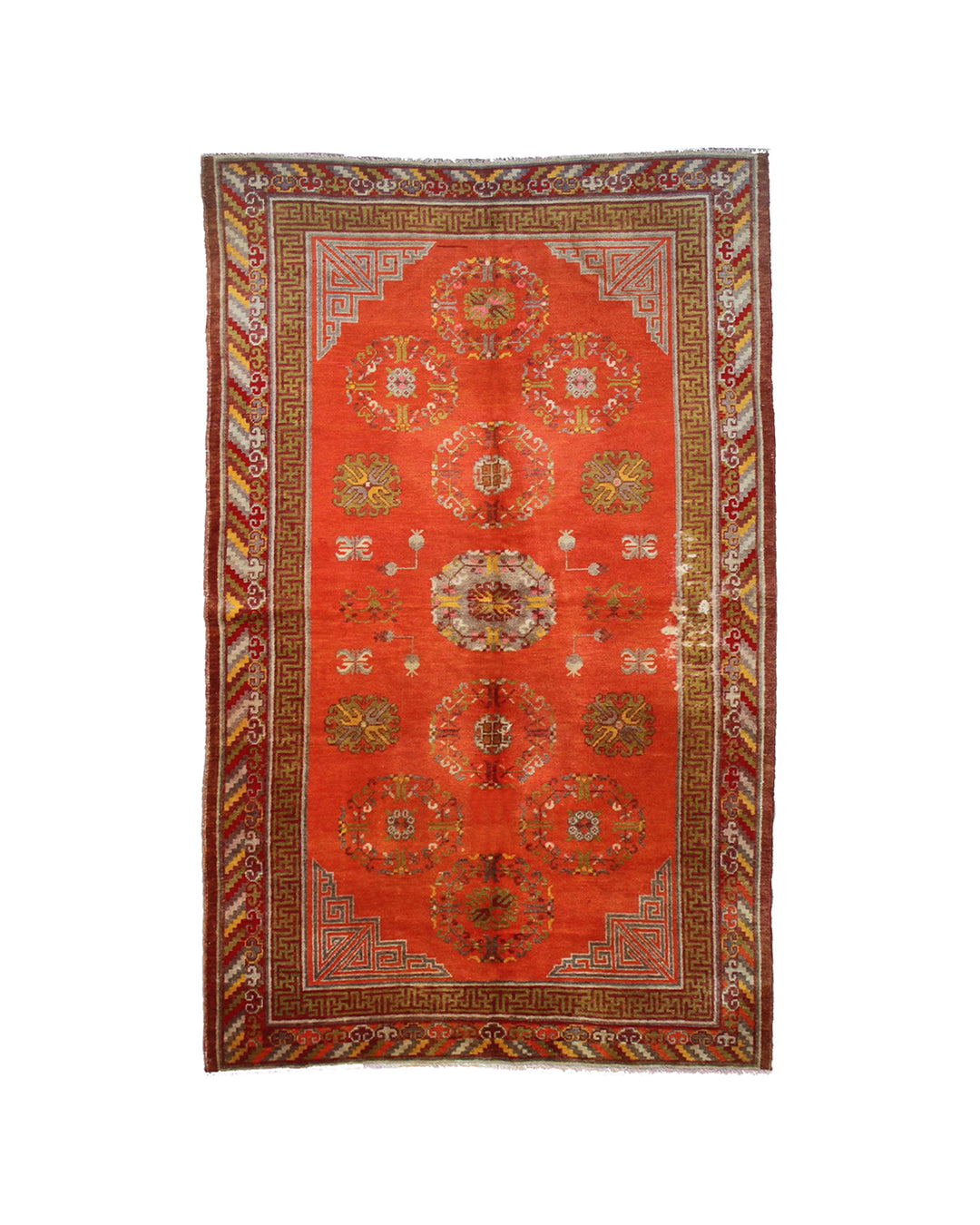 Authentic antique hand-knotted Samarkand Khotan wool area rug featuring a central medallion on a rich red field