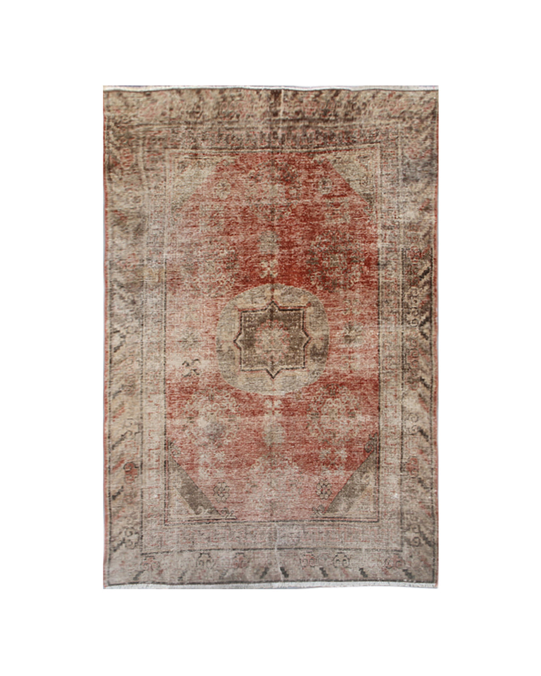 Authentic antique hand-knotted Samarkand Khotan wool area rug featuring classic motifs on a warm rust red field with deep brown accents