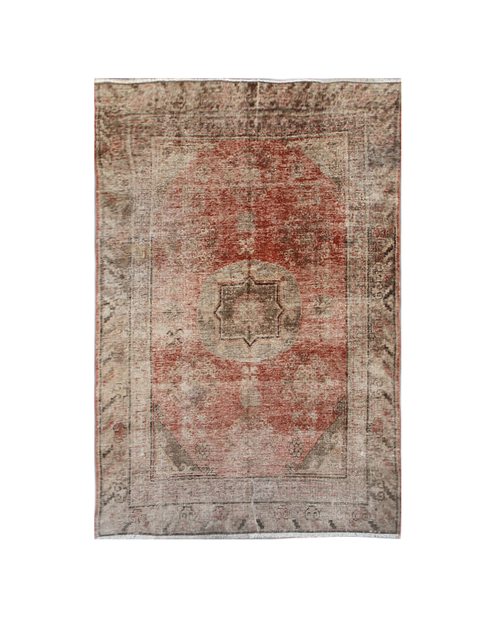 Authentic antique hand-knotted Samarkand Khotan wool area rug featuring classic motifs on a warm rust red field with deep brown accents