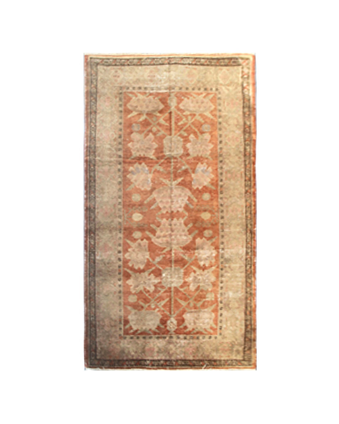 Authentic antique hand-knotted Samarkand Khotan wool area rug featuring salmon pink floral motifs on a warm rust field
