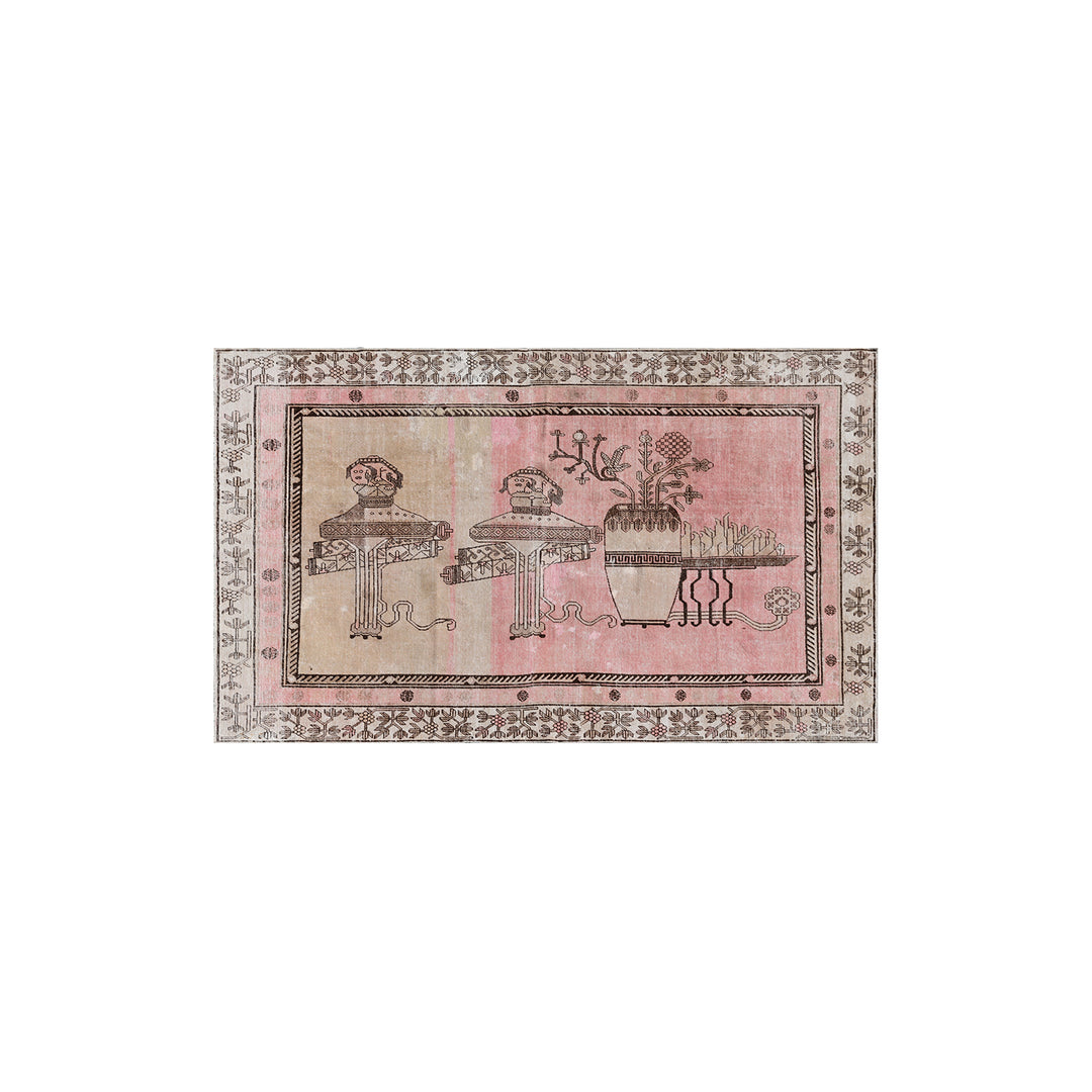 Antique Samarkand wool rug measuring 8'6" x 5'3" featuring a classic vase design in a pink, brown, and beige color palette.