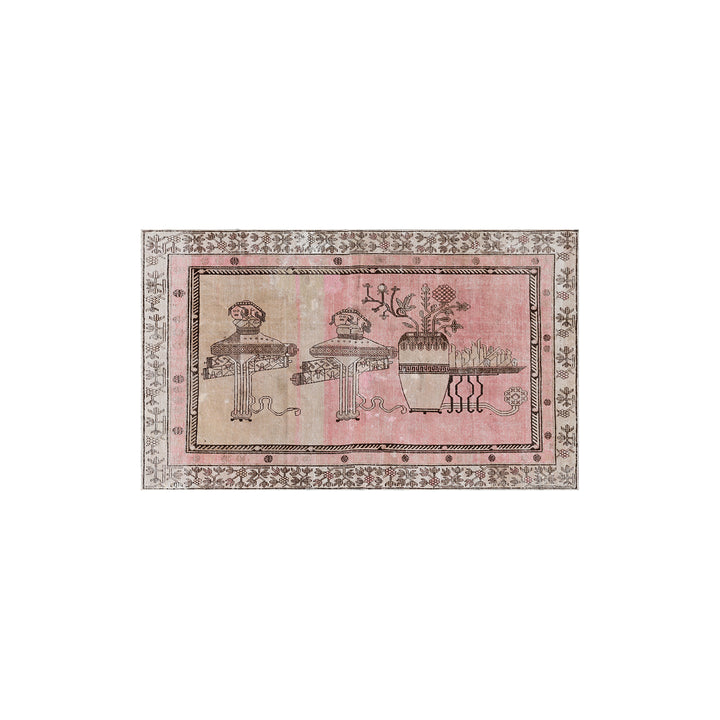 Antique Samarkand wool rug measuring 8'6" x 5'3" featuring a classic vase design in a pink, brown, and beige color palette.