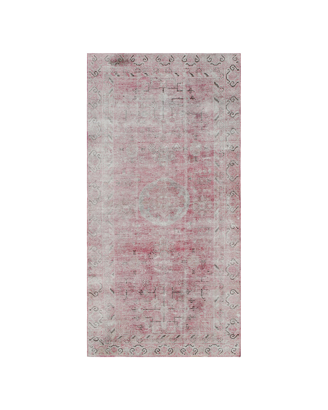 Antique Samarkand wool rug measuring 10'10" x 5'7" featuring a pink and cream color palette with classic medallion designs.