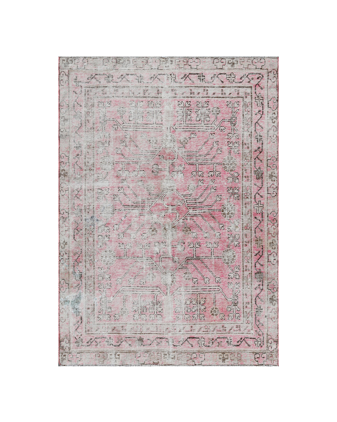 Antique Samarkand Khotan wool rug measuring 5'2" x 4'0" featuring a delicate pink floral design and vintage patina.