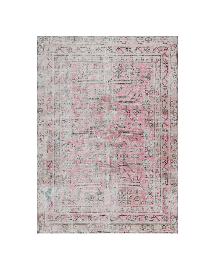 Antique Samarkand Khotan wool rug measuring 5'2" x 4'0" featuring a delicate pink floral design and vintage patina.