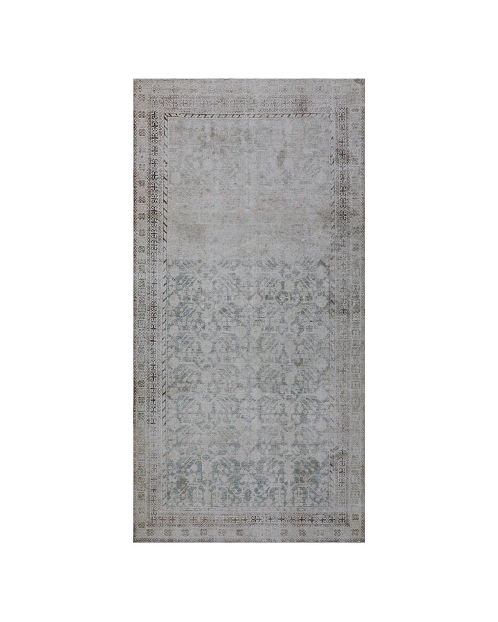 Antique Samarkand hand-knotted wool rug measuring 5'7" x 11'1" featuring a pomegranate overall design on a grey-green background with blue, cream, and brown tones.