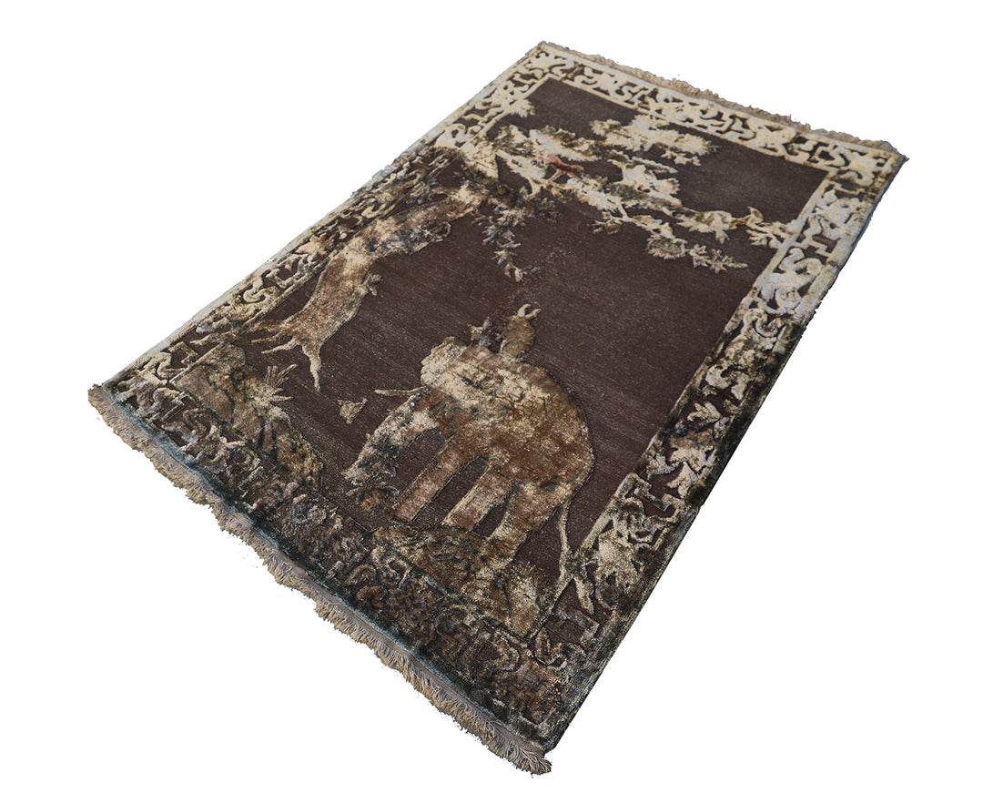 Antique Samarkand pictorial silk pile rug on woven metallic background 4x6 depicting mystical Chinese symbols of the elephant, rabbit, and owl