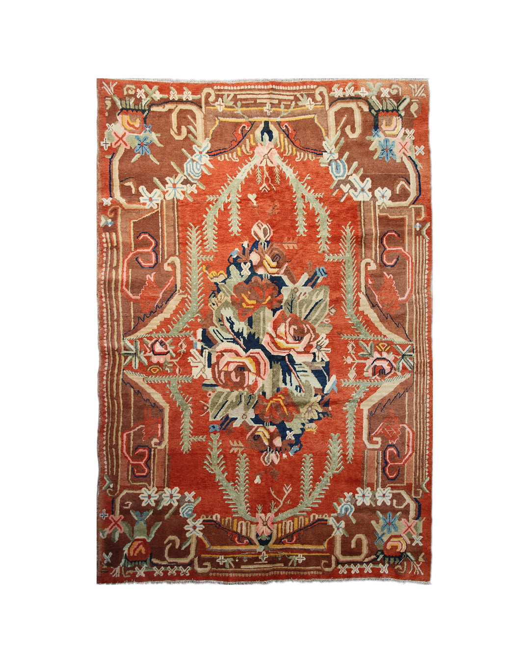 Antique semi-antique Chinese Turkistan Khotan Samarkand rug measuring 8'9" x 5'11" hand-knotted circa 1920-1930 in fine wool.