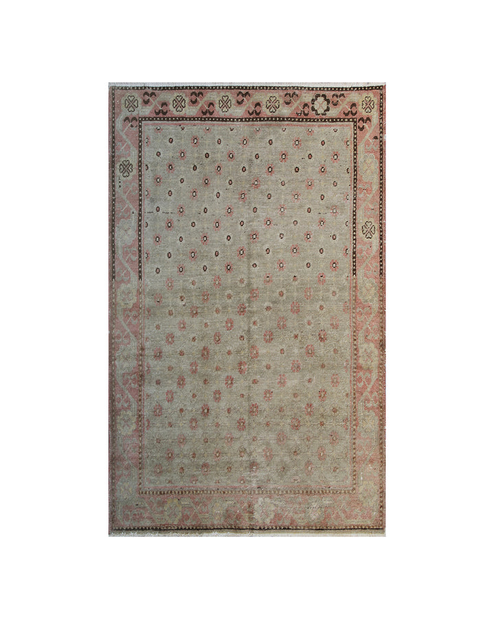 Rare 4x7 antique Samarkand hand-knotted wool rug featuring pink terracotta flowers on a soft green background by Ariana Rugs.