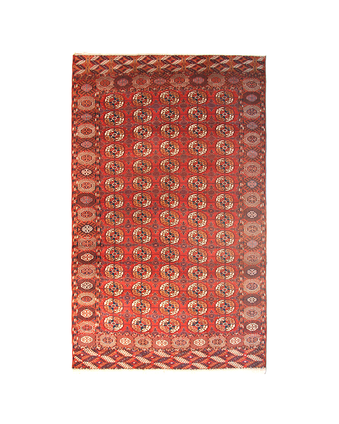12'2" x 7'6" semi-antique Turkmen main carpet featuring a deep red field with hand-knotted geometric octagonal gul motifs and tribal borders.