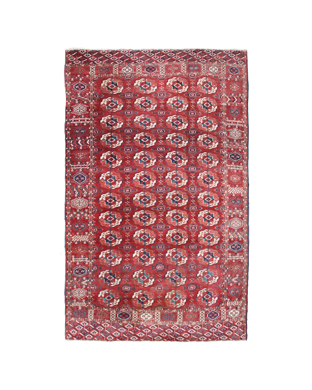 11'1" x 7'1" Antique Turkmen main rug featuring a deep red background with hand-knotted geometric motifs in navy, green, white, and brown.