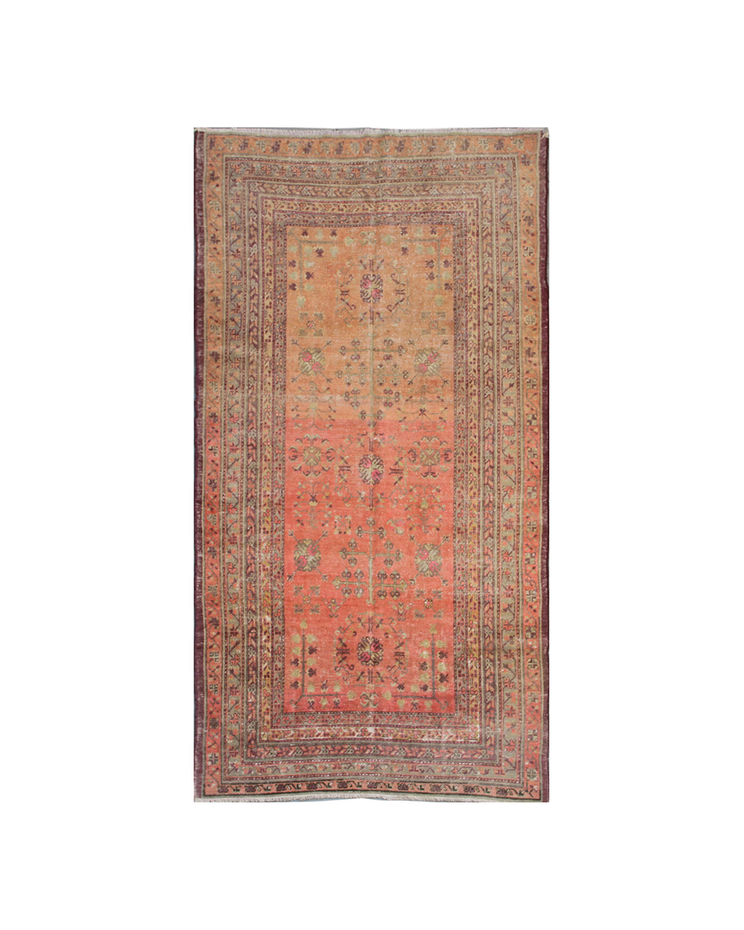 Authentic 5x8 antique Samarkand hand-knotted wool area rug featuring an all-over soft terracotta medallion design on a washed-out red field by Ariana Rugs.