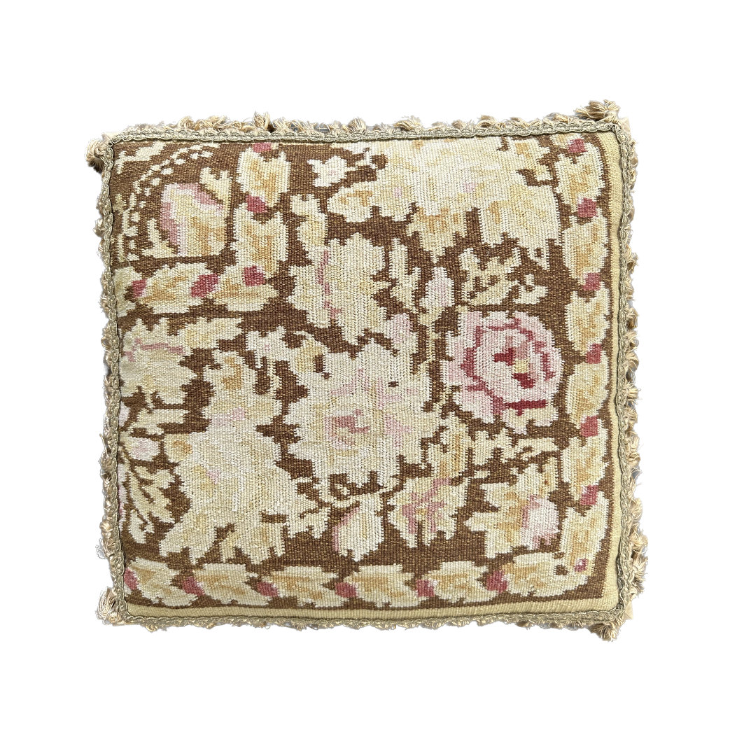 Handwoven 21x22 brown and beige floral wool flatweave kilim throw pillow cover by Ariana Rugs