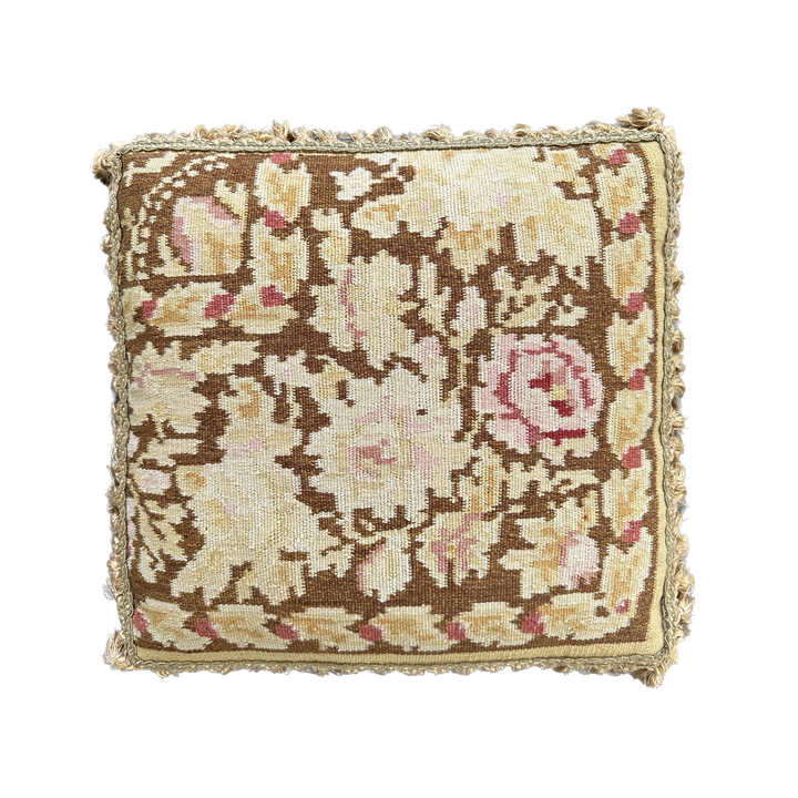 Handwoven 21x22 brown and beige floral wool flatweave kilim throw pillow cover by Ariana Rugs