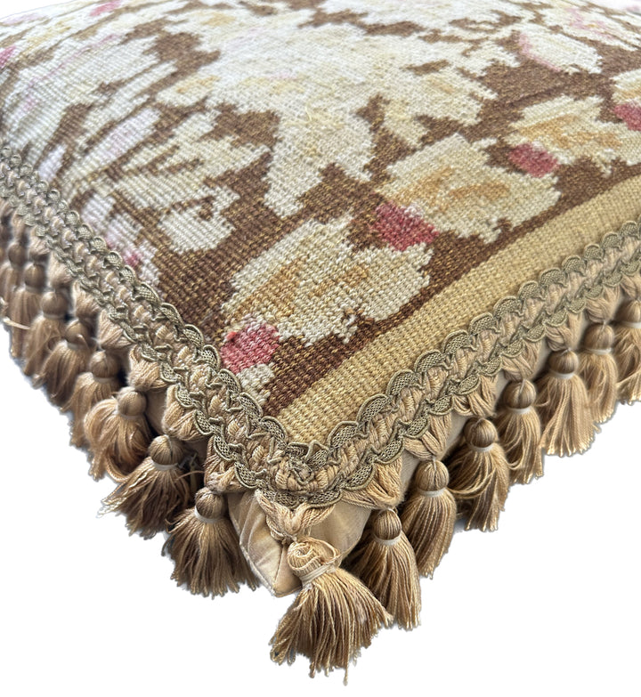 Handwoven 21x22 brown and beige floral wool flatweave kilim throw pillow cover by Ariana Rugs